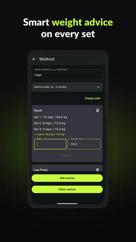 Workout screen with weight advice