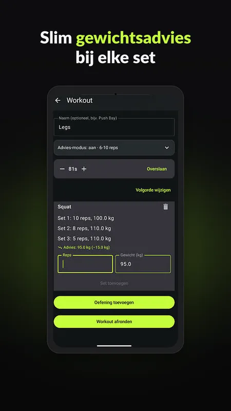 Workoutscherm met gewichtsadvies